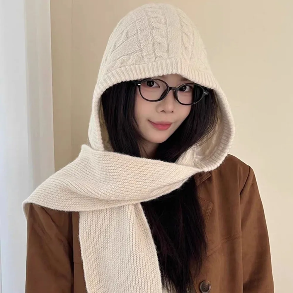 Fashion Thickened Knitted Balaclava Hat Warm Soft Knit One-Piece Hooded Hat Neck Protection Beanie Scarf Cap Women
