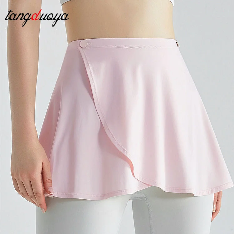 Women Solid Color Yoga Tennis Buttons Waist Cover Up Wrap Skirt Hip Covering Scarf Workout Running Layered Pleated A Line Skirts