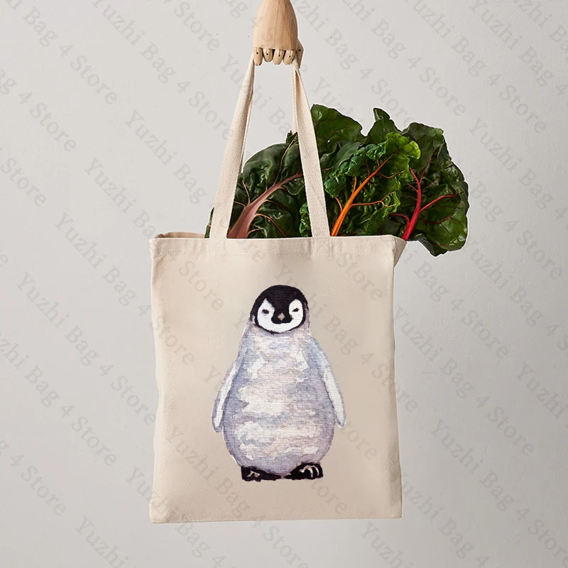 Watercolour Penguin Canvas Tote Bag Simple Printing Shoulder Bag Versatile Handbag for Work & School Large Capacity Shopping Bag