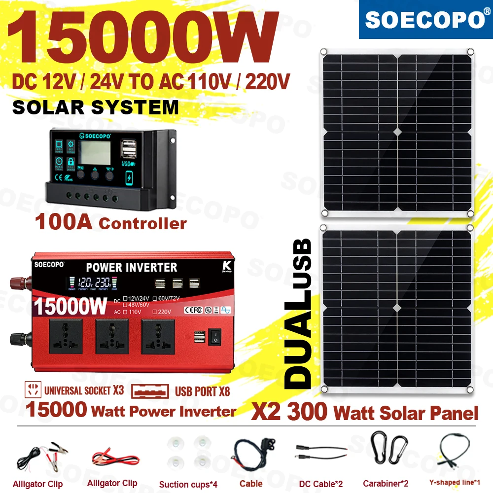SOECOPO 15000W Solar System Kit 2x300W Panels 100A Controller 12V/24V to 110V/220V Inverter with 3 Sockets 8 USB Ports for Home