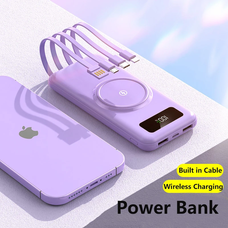 Portable Power Bank 50000mAh with Built in 4 Cables Qi Wireless Charger Powerbank for iPhone 17 Samsung Xiaomi Huawei Poverbank view 6