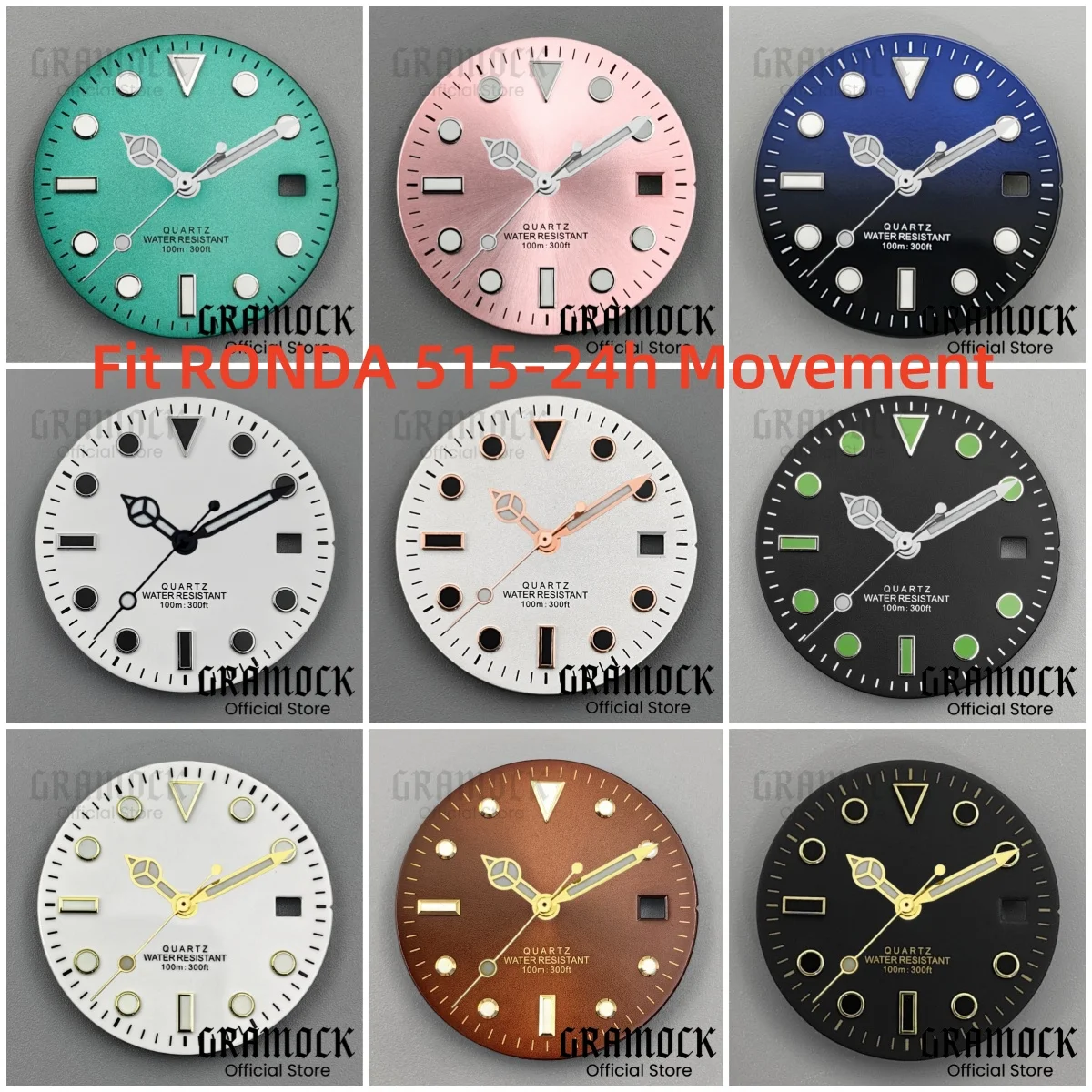 Gramock 29mm Sunberst/Forsted Watch Dial Hand Sets Gold Rose Mark Luminous Fit RONDA 515 Quartz Movement Men's Watch Accessories