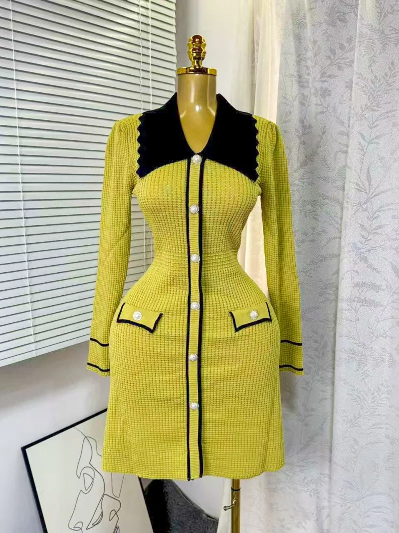 เดรสไหมพรมทรงเข้ารูปสวยหรู เสื้อผ้าฤดูใบไม้ร่วงสำหรับผู้หญิง แขนยาว คอปกพับได้ ทรงบอดี้คอน มินิเดรส สไตล์ OL เดรสไหมพรม ชุดเดรสผู้หญิง