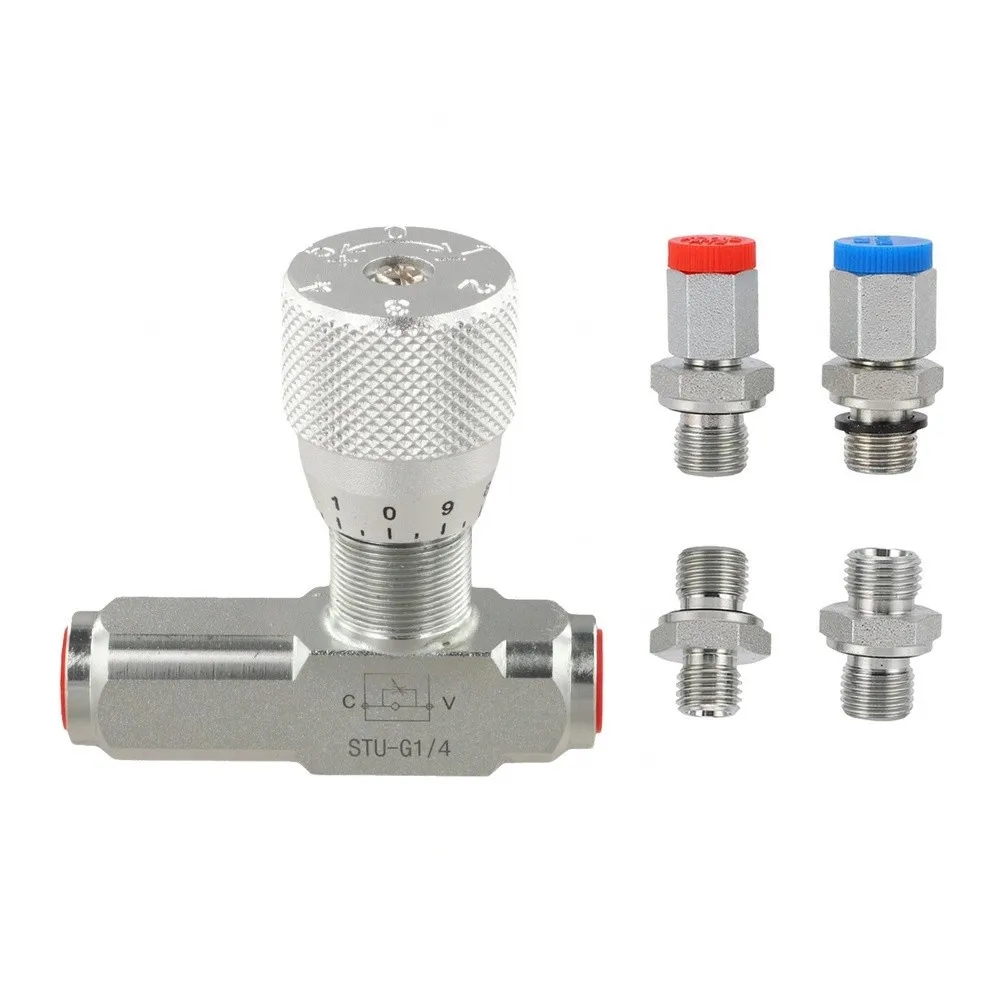 Hydraulic Flow Control Valve One-Way Adjustable For G1/4 Pipe With 4 Adapters High Pressure Fluid Regulator For Industrial Tools