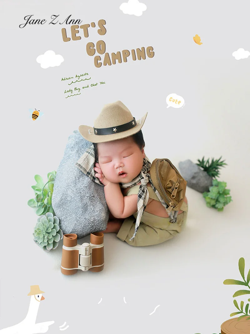 Baby boy girl camping theme photography props hat+scarf +clothes newborn shooting