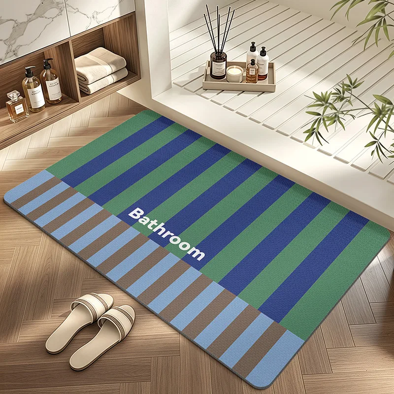 Retro Stripe Bathroom Mat, Quick Absorbent Soft Diatom Mud Non Slip Carpet, Bathroom Doorway Rug, Rubber Non-Slip Backing
