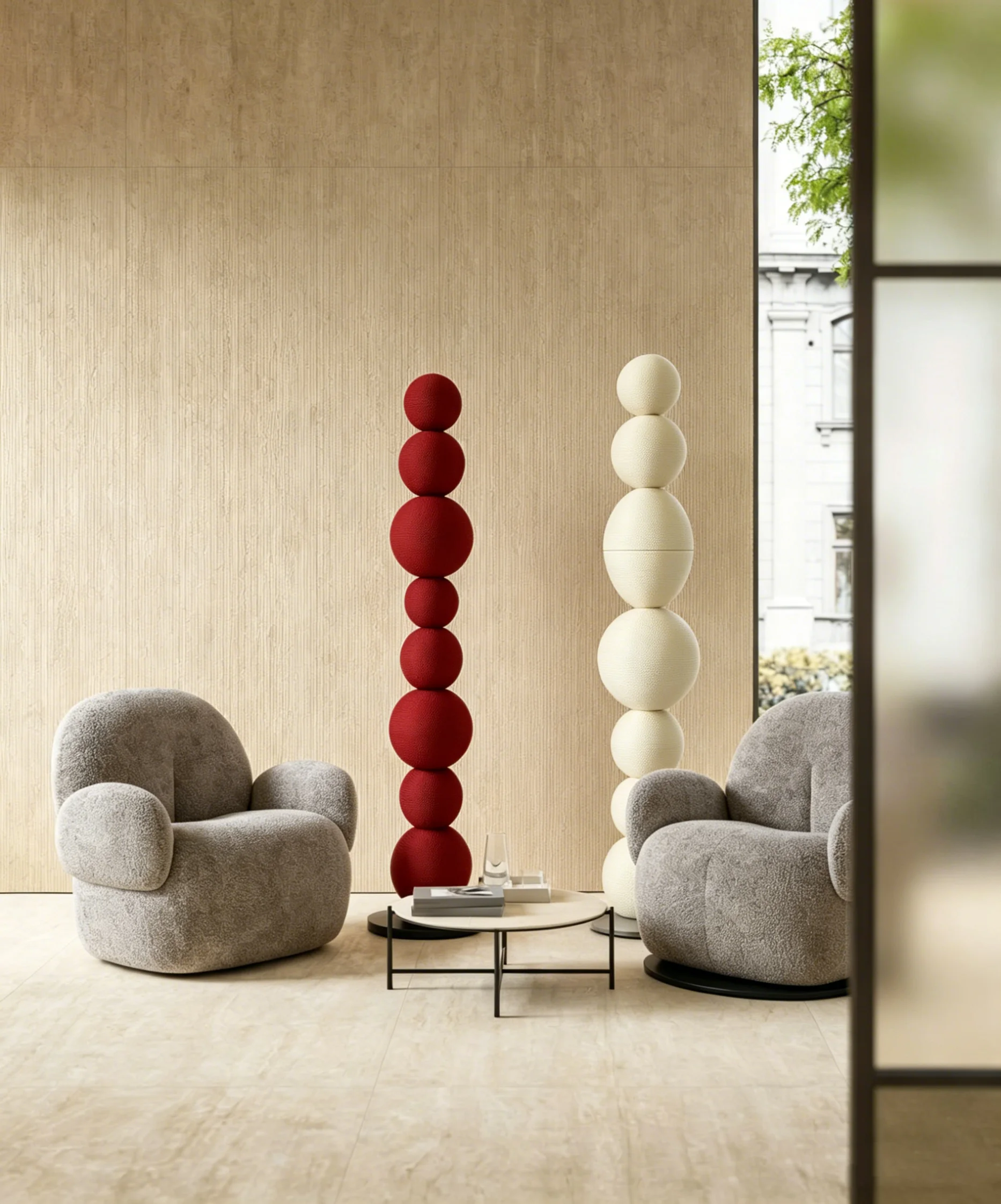 Modern Original Designer Exclusive Stacked Sphere Macrame Floor Sculpture for Designer Showhouse & Art Gallery Space