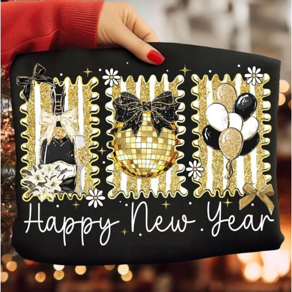 New Year 2026 Hoodie Disco Ball Pullover Black and Gold Sequins Glitter Tops Balloons Happy New Year Design Hello 2026 Sweater