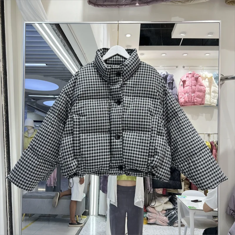 New Plaid Down Cotton-Padded Jacket Women's Short Thickened Korean Version Stand-up Collar Bread Clothing Coat Women