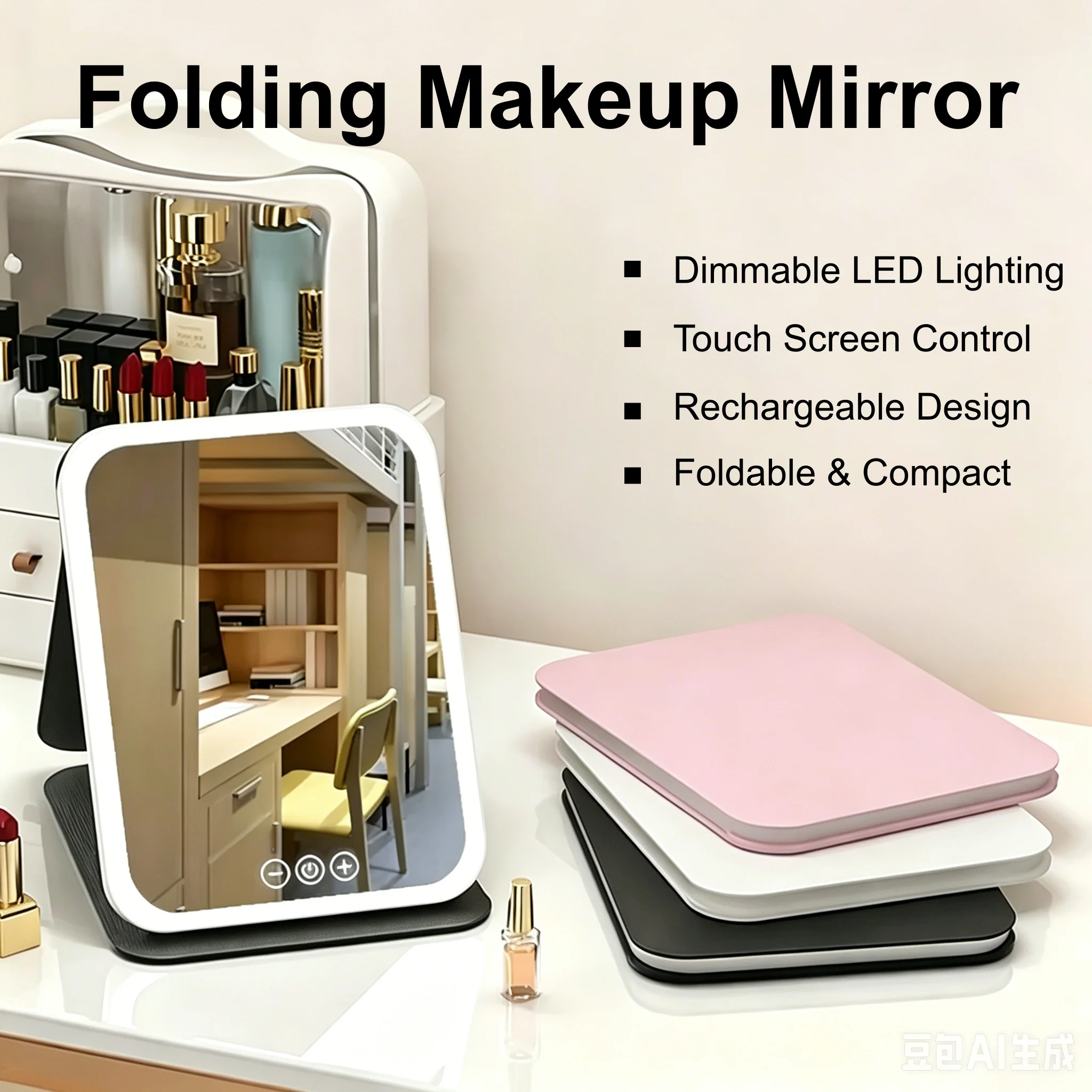 USB recarregável 3 cores LED espelho de maquiagem espelho de bolso toque regulável 3 brilho dobrável para viagens escritório casa