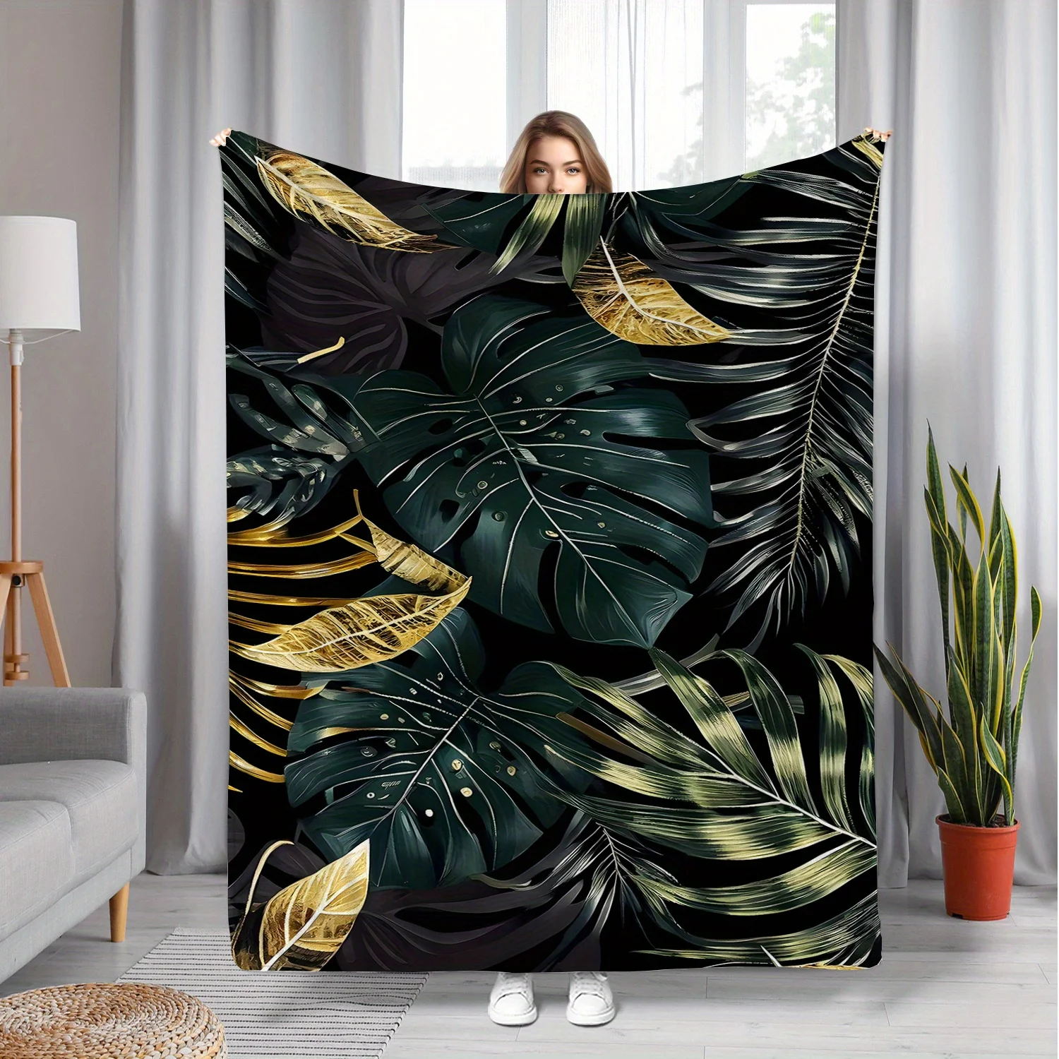 1pc Tropical Leaf Print Flannel Blanket, Contemporary Style All-Season Cozy Throw, Machine Washable Polyester, Digital Print Sof