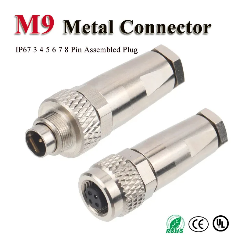 M9 2 3 4 5 6 7 8 Pin Cable Connector Waterproof Metal Assembled Aviation Plug IP67 Male Female Soldering Joint CE UL Certified