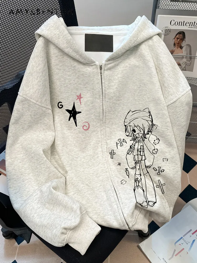 

Spring Autumn Y2K Japanese Style Women Figure Print Gray Hoodie Loose Casual Daily Velvet Long Sleeve Pullover Sweatshirt