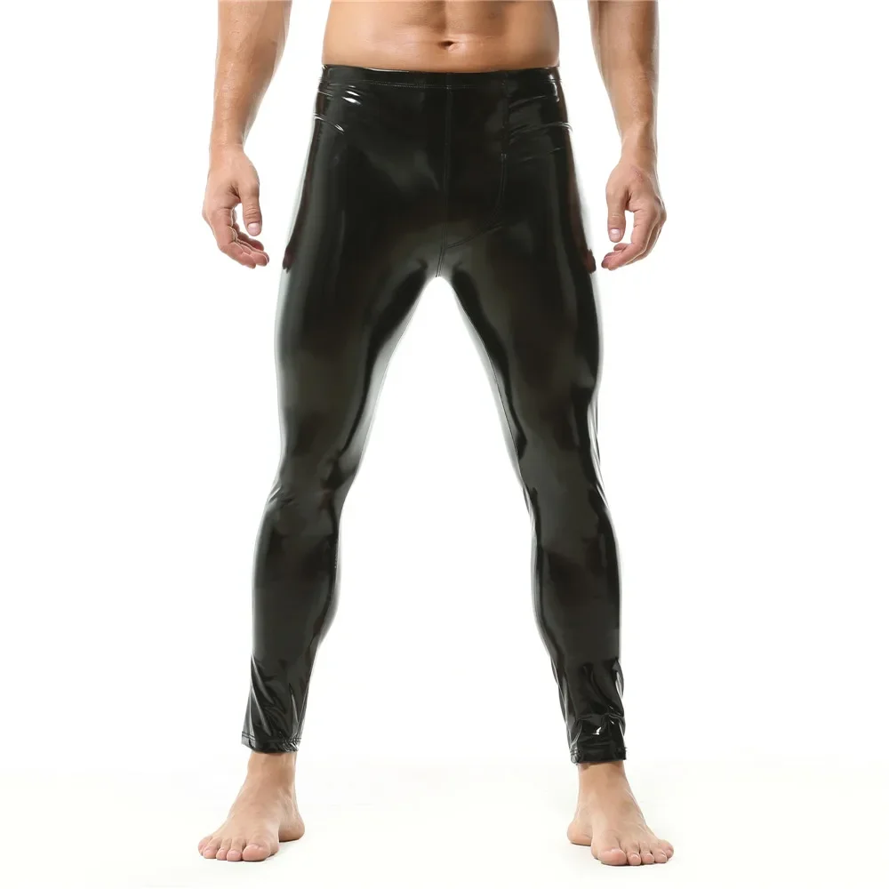 Black/Red Men's Leggings Patent Leather Tight Pants Slim PVC Skinny Long Trousers Nightclub Dance Stage Male Party Clubwear