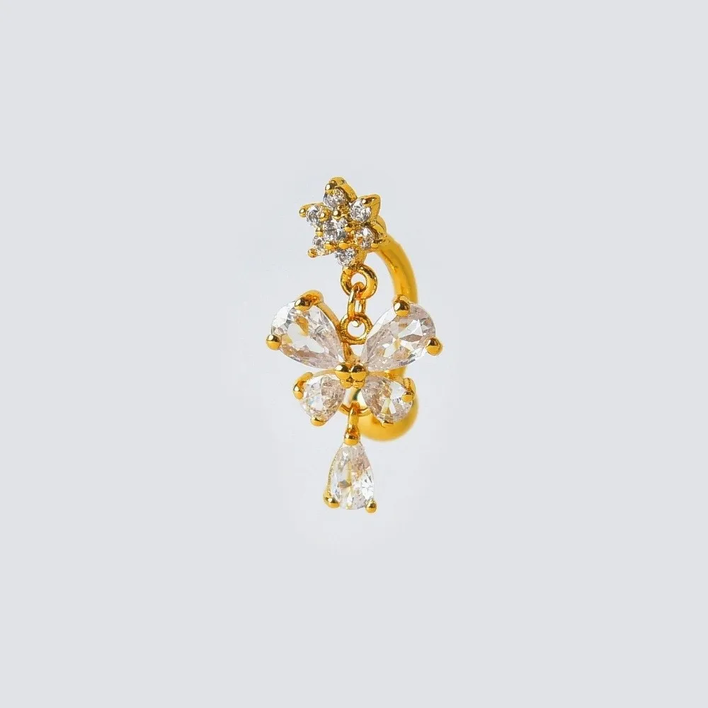 Zircon Bow Belly Button Rings Flower Head 316 Stainless Steel Dangle Belly Rings Butterfly Design Cute Reversed Navel Rings
