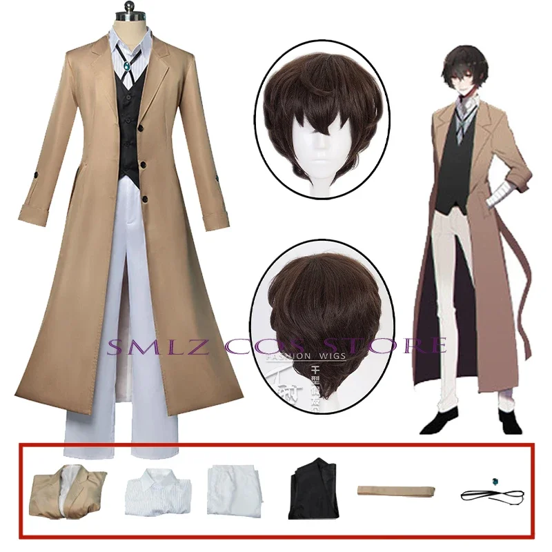 

Dazai Osamu Cosplay Anime Bungo Stray Dogs Costume Armed Detective Agency Dazai Full Set Uniform Prop Wig for Adult Men