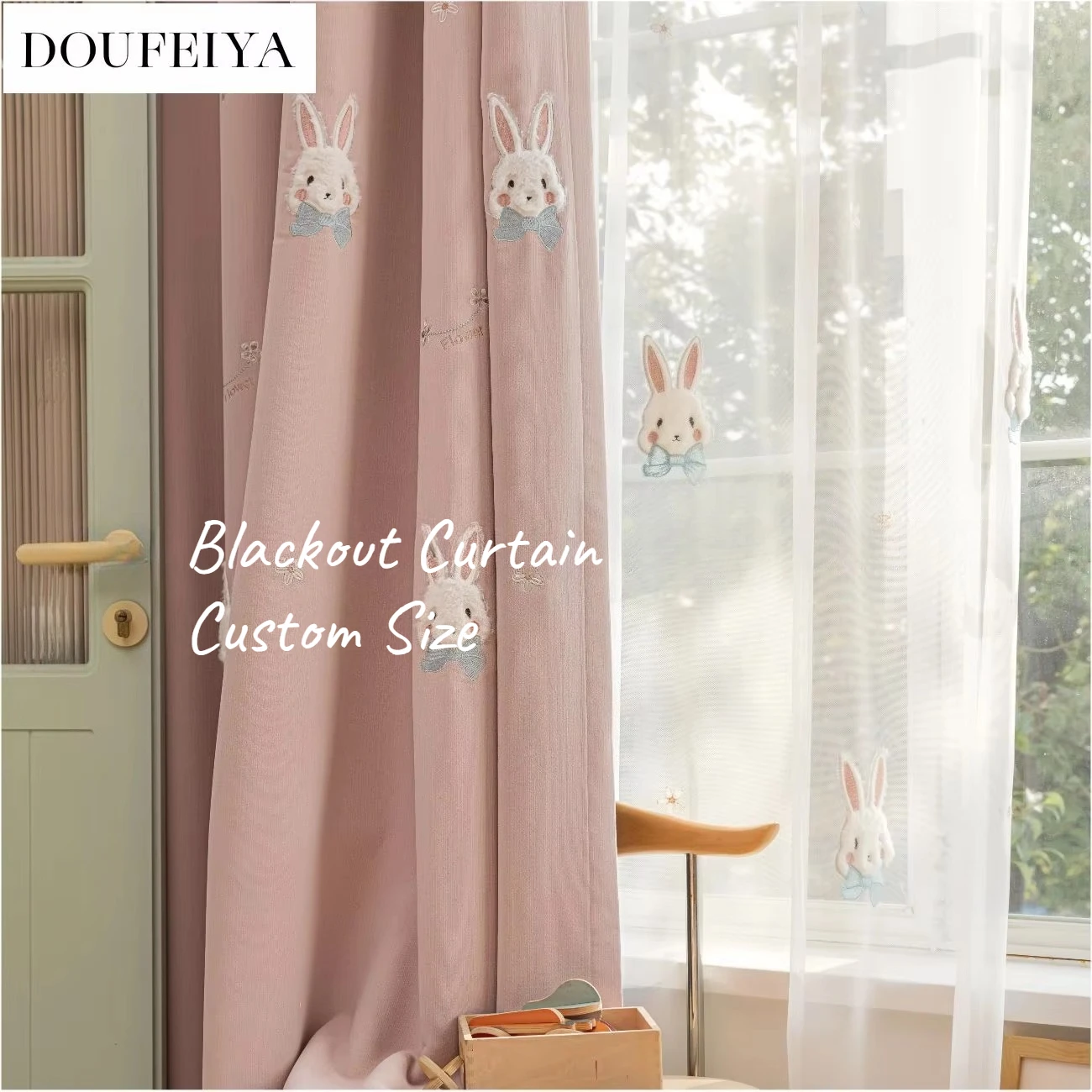 Custom Size Cartoon 3D Embroidery Snow Neil Cute Rabbit Butterfly Pink Kids-children Chenille Blackout Curtains for Bedroom