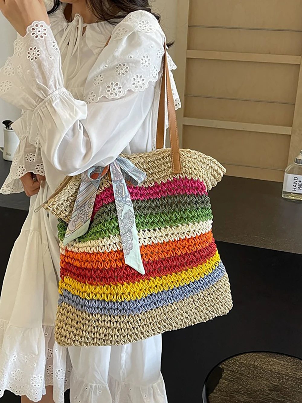 Woven Straw  Beach Bags for Women Summer 2024 New Large Capacity Holiday Travel Outdoor Bag Striped Single Shoulder Tote Bag