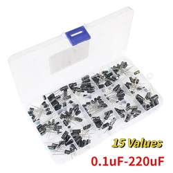 200pcs/box Aluminum Electrolytic Capacitor 0.1uF-220uF 15 Values Capacitors Kit 0.1UF 0.22UF 0.47UF 1UF 4.7UF 10UF 22UF