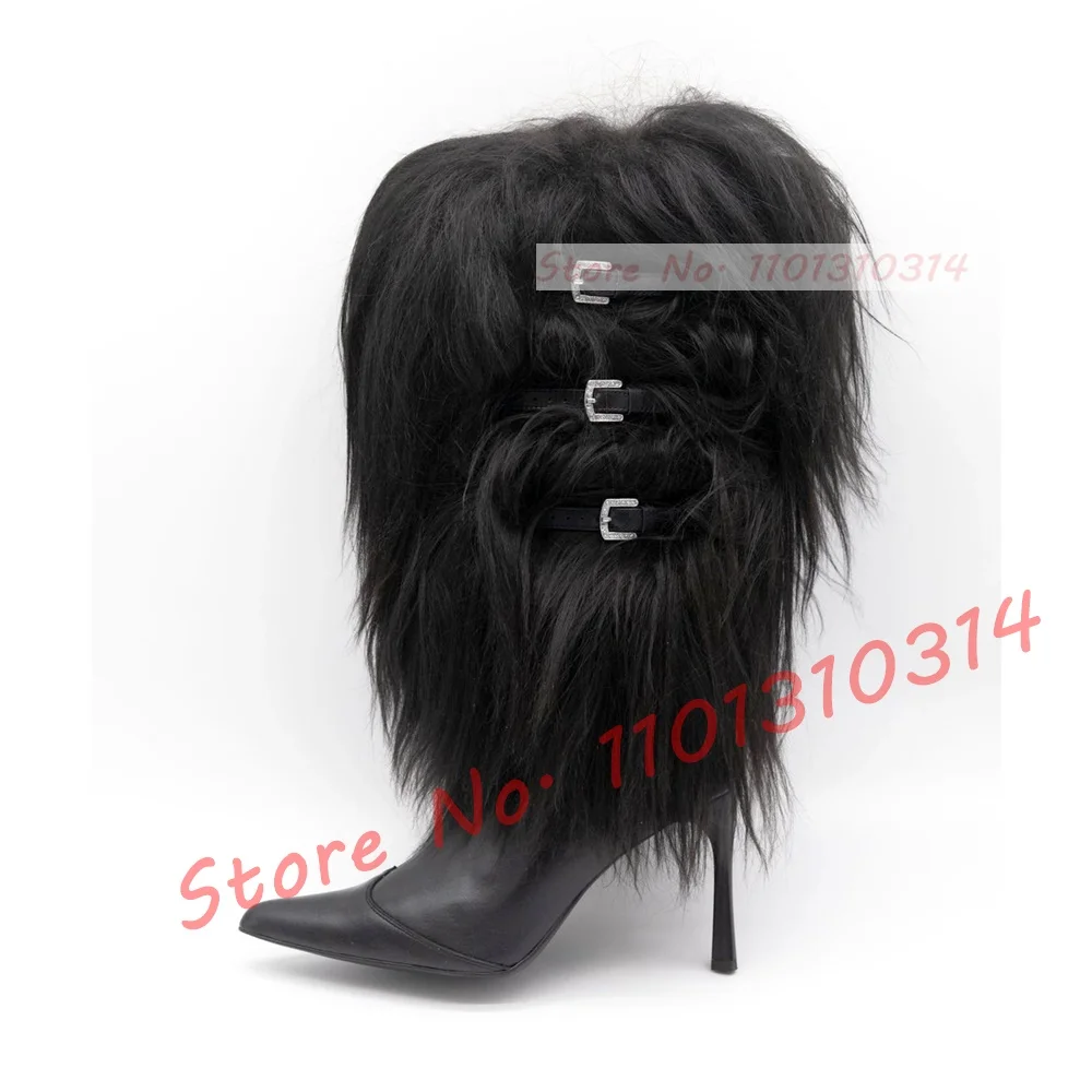 Black Fur Fluffy Mid-calf Boots Women Sexy Fashion Cross Belt Buckle Pointed Toe High Heel Shoes Ladies Big Size Stiletto Boots