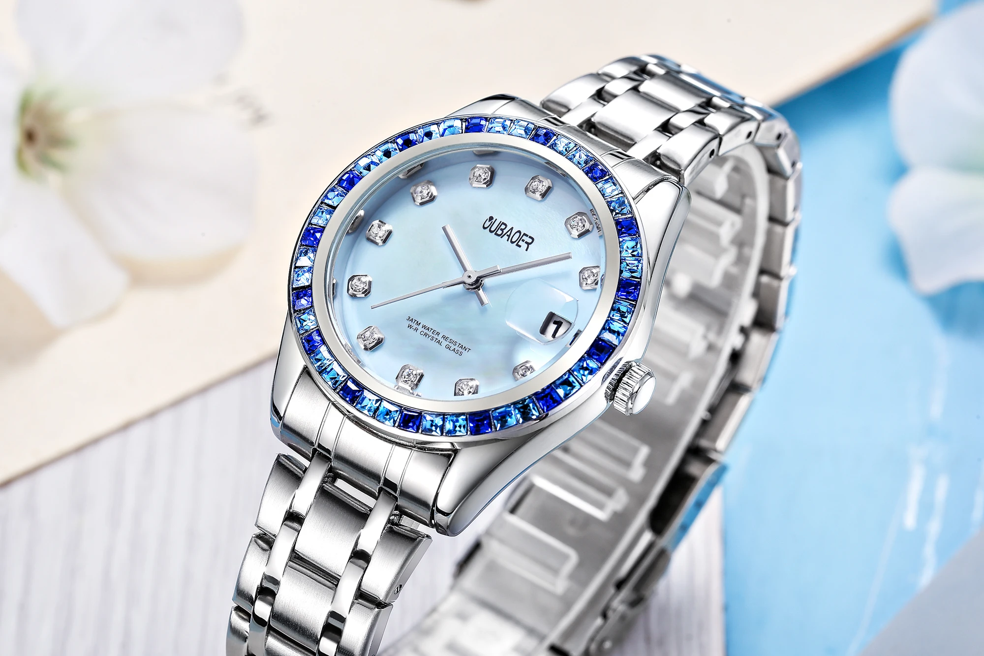 Oubaoer elegante Diamant Damen uhr Kalender wasserdicht Edelstahl Damen handuhr Luxusmarke Quarzuhr für Damen