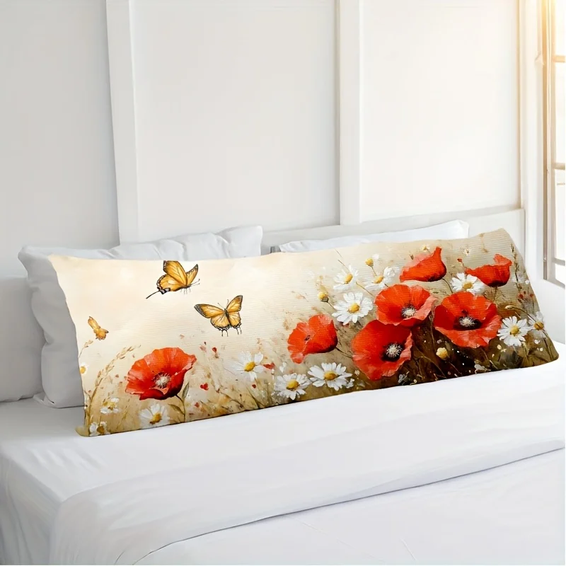 A Classical Floral and Butterfly Patterned Pillowcase, 50.8x137.16 cm Long Lumbar Cushion Cover with Zipper - Red Poppies, White