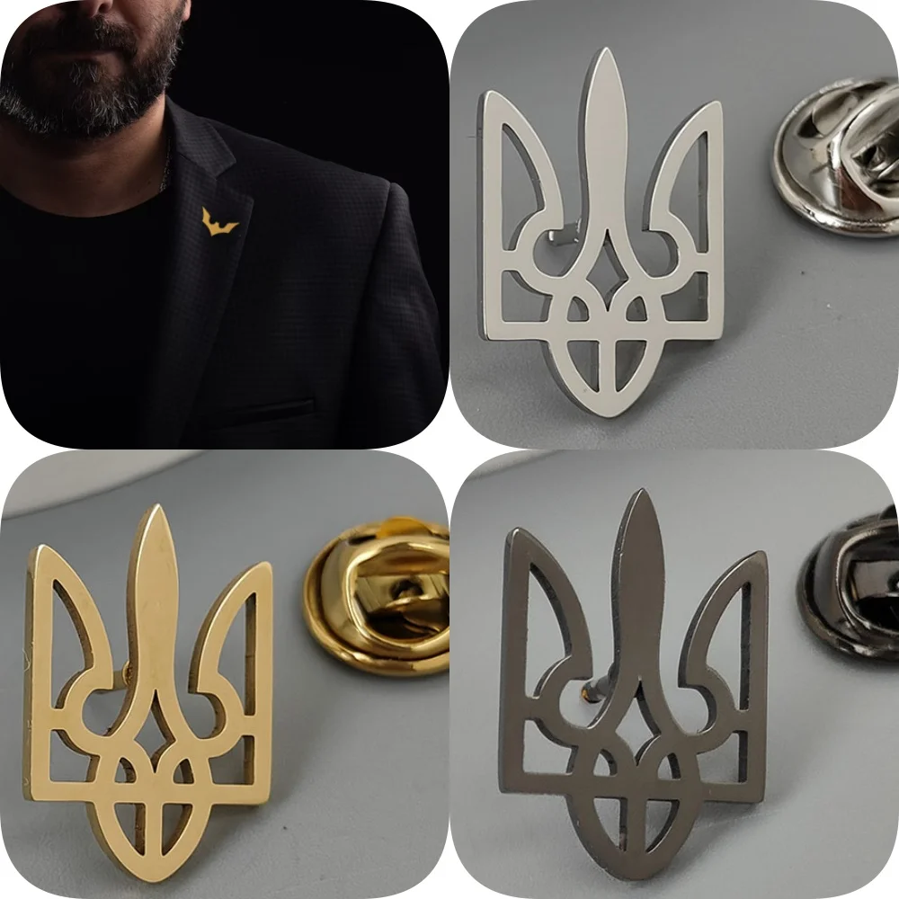 New hip-hop style Ukrainian flag hollow stainless steel gold-plated badge, suit lapel pin waterproof black, men's brooch set