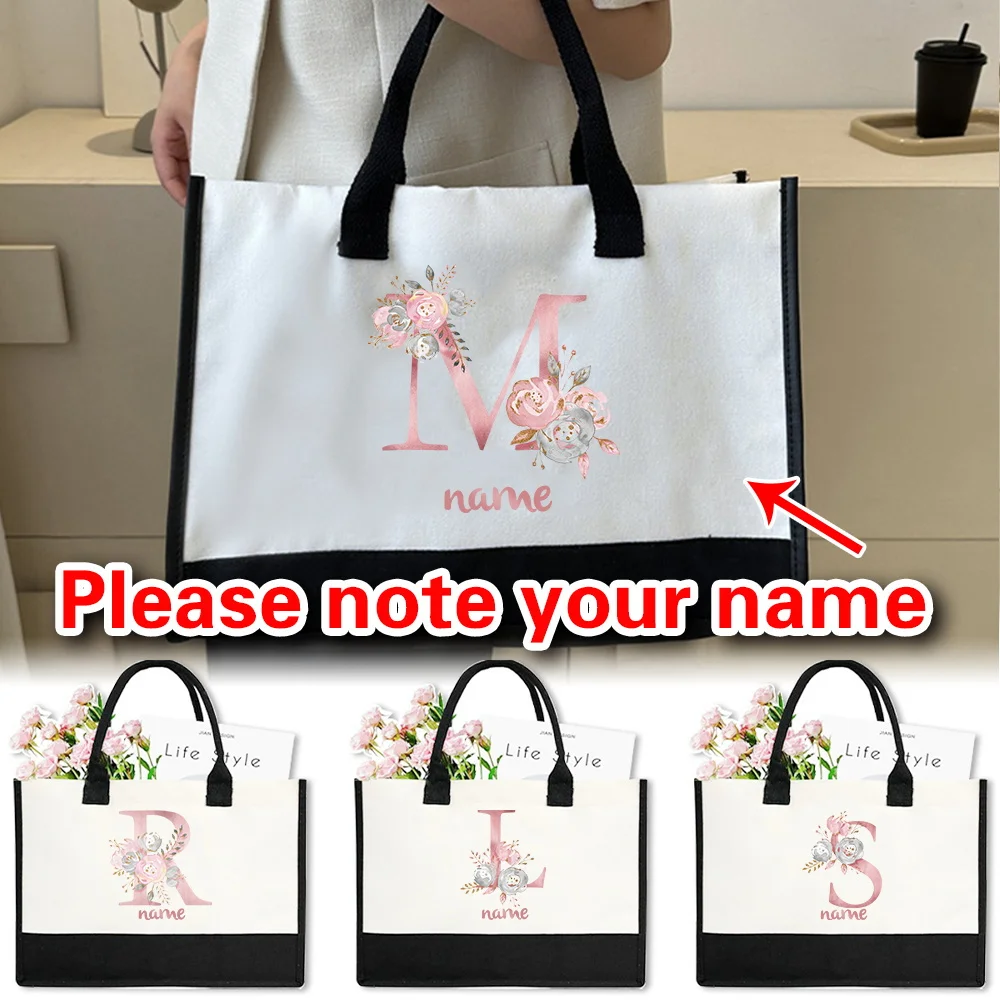 Customizable Name Retro Shopping Bag White Linen Handbag Casual Shoulder Bag Eco Friendly Storage Bag Pink Letter Series