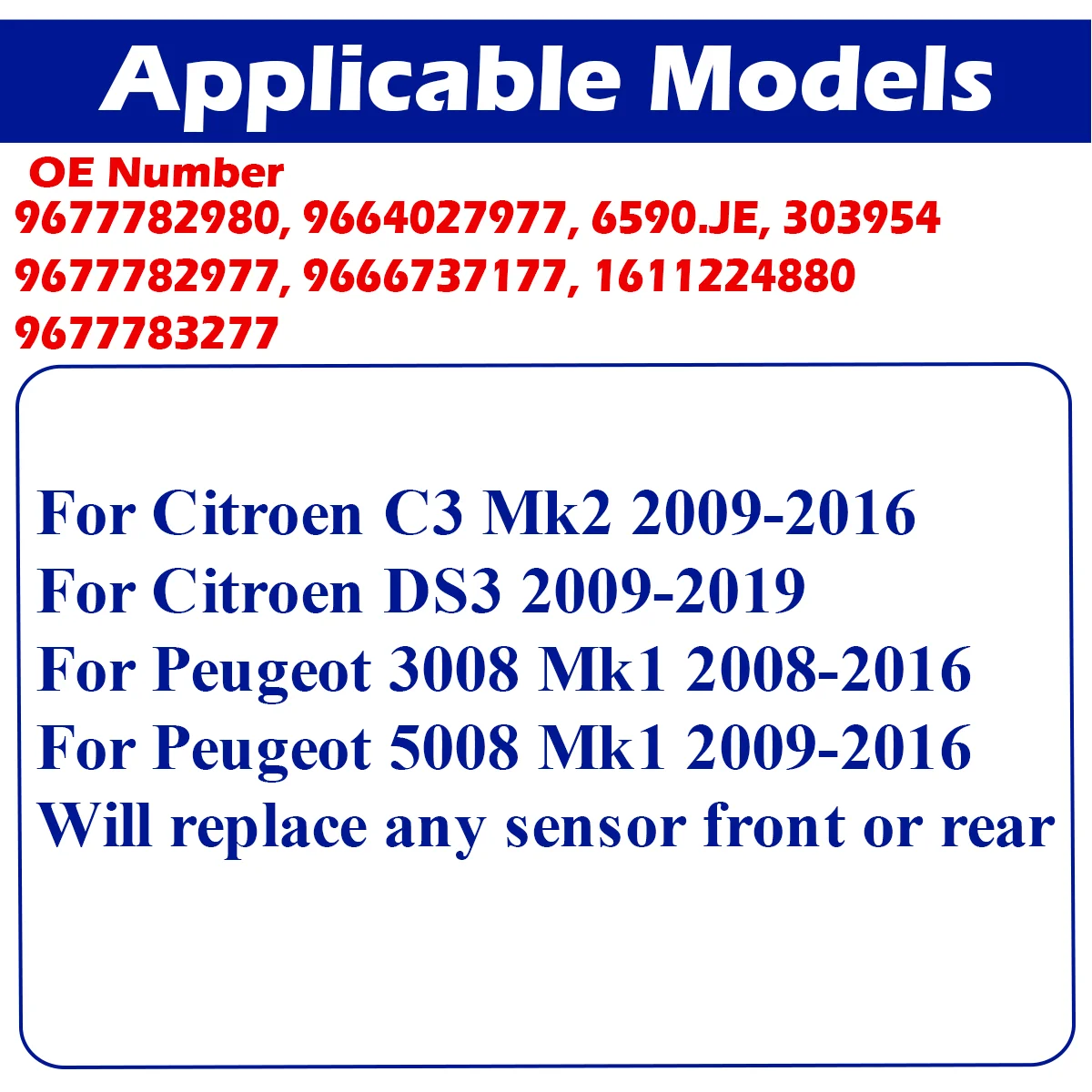 9677783277 PDC Parking Sensor For Citroen C3 Mk2 2009-2016 DS3 2009-2019 Peugeot 3008 Mk1 2008-2016 5008 Mk1 2009-2016 6590.JE