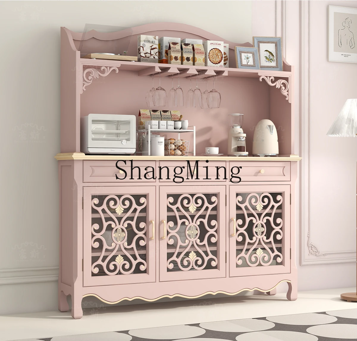 

CL pink solid wood dining side cabinet integrated against the wall coffee cabinet kitchen storage living room locker