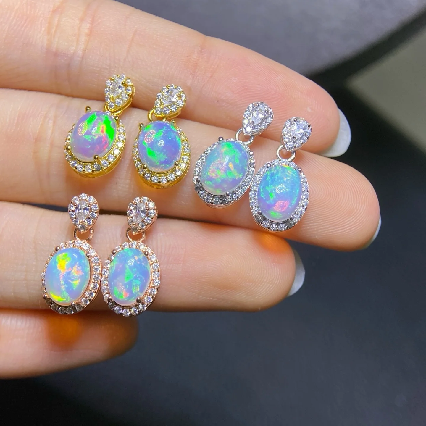 

S925 Sterling Silver Women Earrings with Natural Opal Fire Color Center Stone 6*8mm trend earrings 2025 Ten items Wholesale