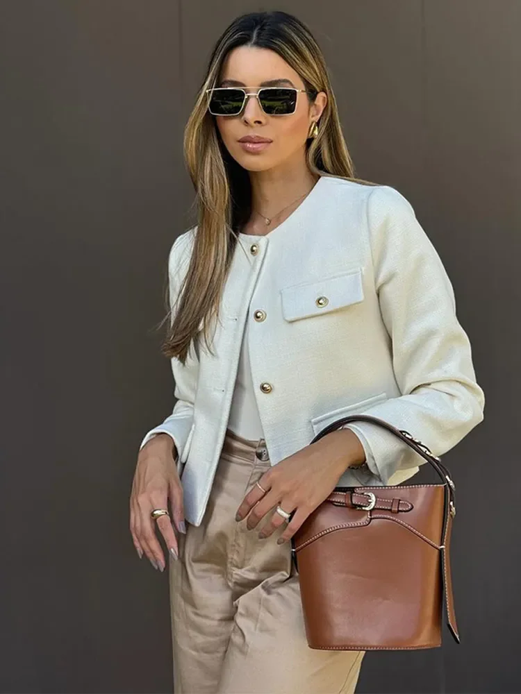 Veste Chic à Col Rond et Simple Boutonnage pour Femme, Vêtement d'Extérieur à Manches sulf, Couleur Unie, 2024