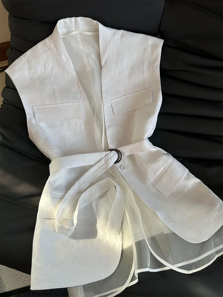 

Elegant White Belted Tie Waist Vest Women's Spring Summer New High-End Sensation Unique Sleeveless Vest Korean Style Commute