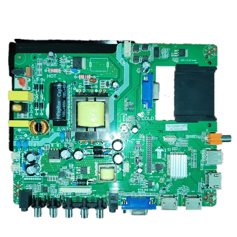 P75-M3 V6.4 EM-43SK20D Three in one LED TV motherboard, tested, physical photo for 60--68V 640MA 75w