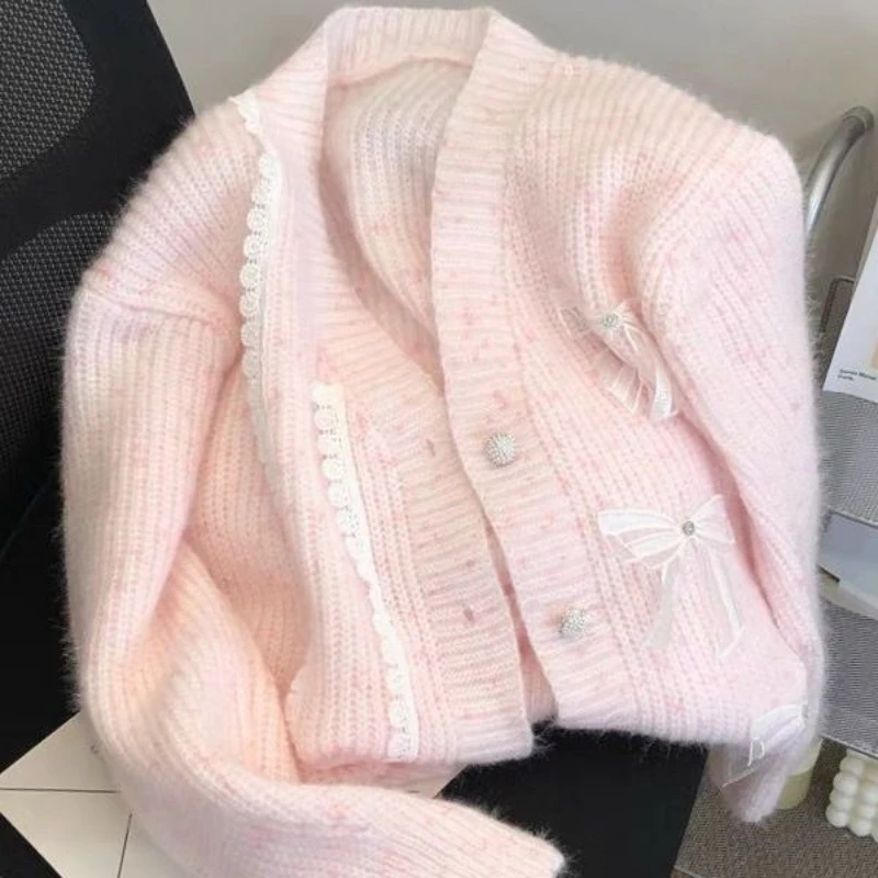 2024 Autumn Lace Patchwork Knitted Cropped Cardigan Women Bow Long Sleeve Sueter Mujer Fashion Sweet Sweater Jackets Pull Femme