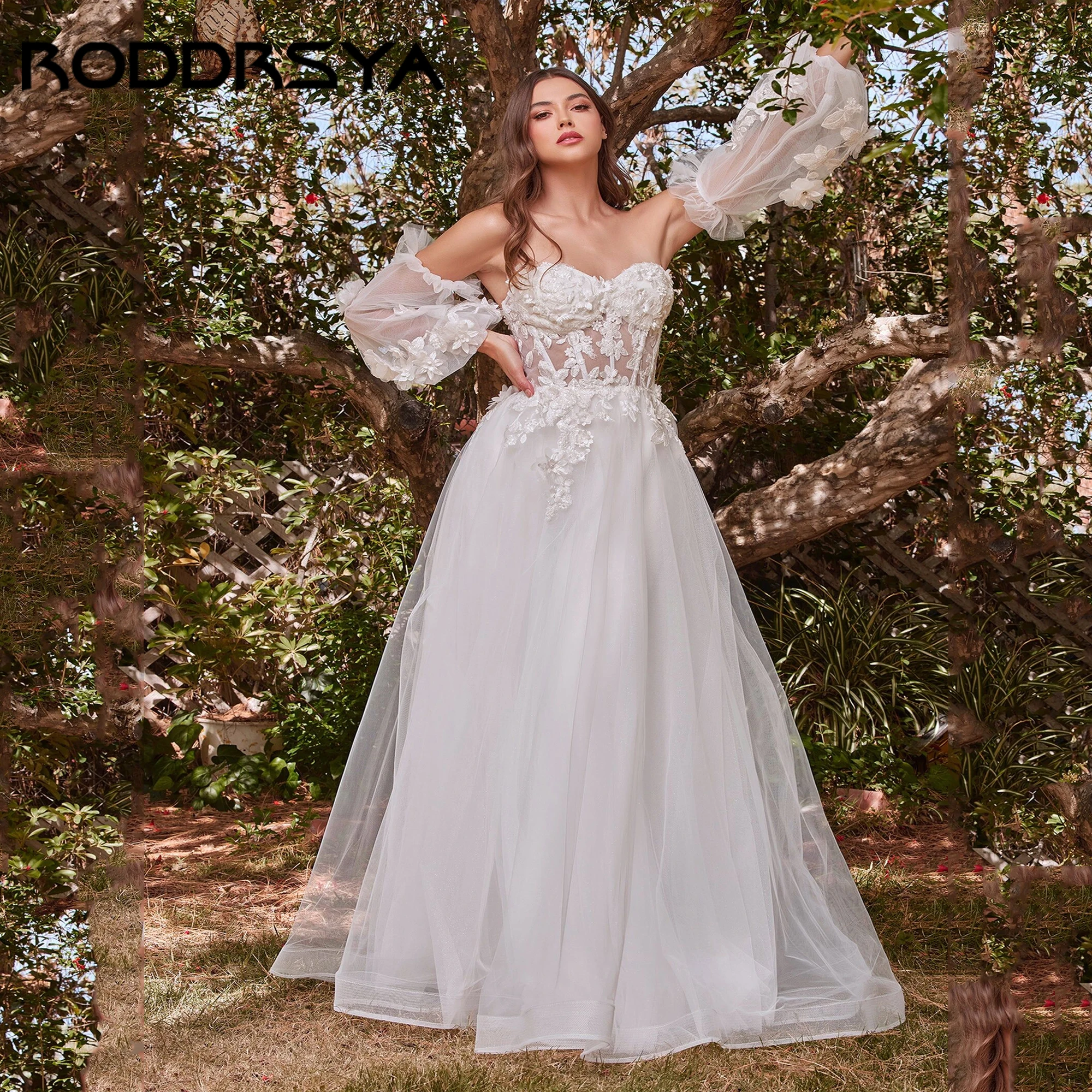 

Sweetheart Luxury Wedding Dresses For Bride Puff Sleeves Lace Applique A-Line Backless Bride Gowns vestidos de novia Customized