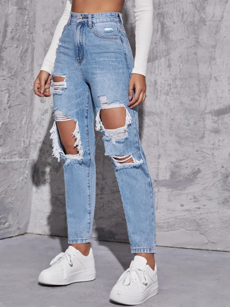 Denimcolab Fashion Hole Washing High Waist Jeans Woman Cotton Denim Straight Pants Ladies High Street Ripped Jeans Trousers