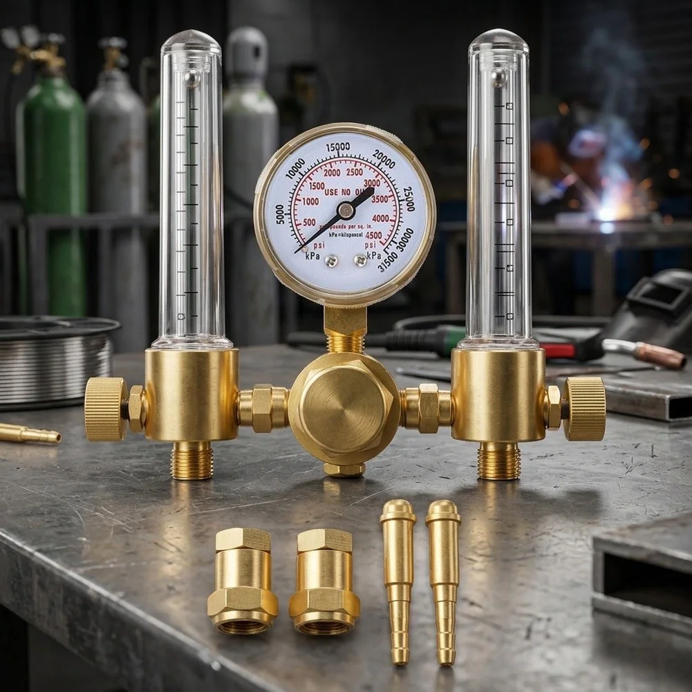 Dual Outlet Brass Gas Pressure Regulator With Transparent Flowmeters For Argon Welding Precision Tool Dual Outlet