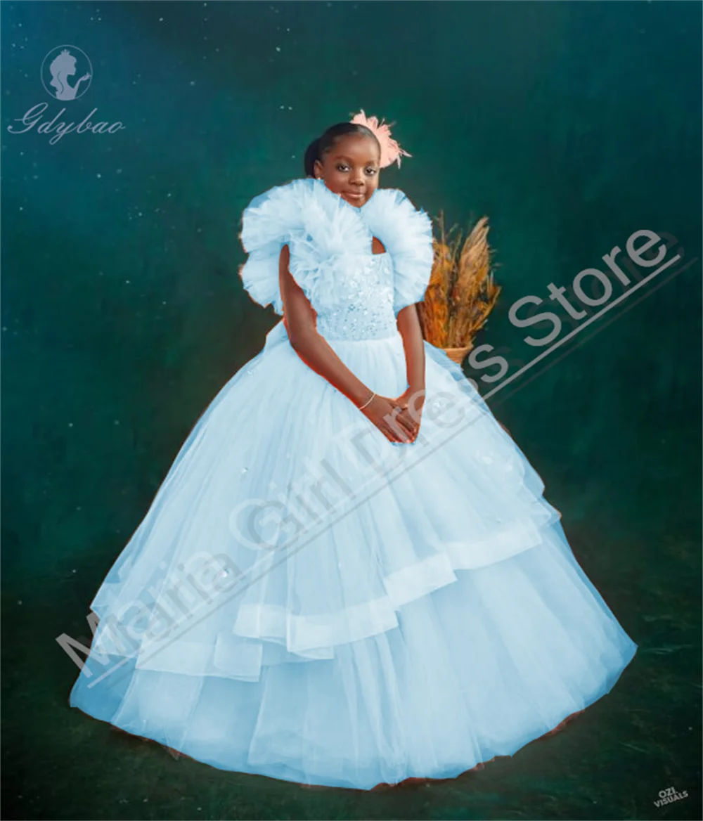 Vestido de aniversário para meninas, gola quadrada, manga bufante, lantejoulas, renda, babado, adequado para casamento, primeira comunhão