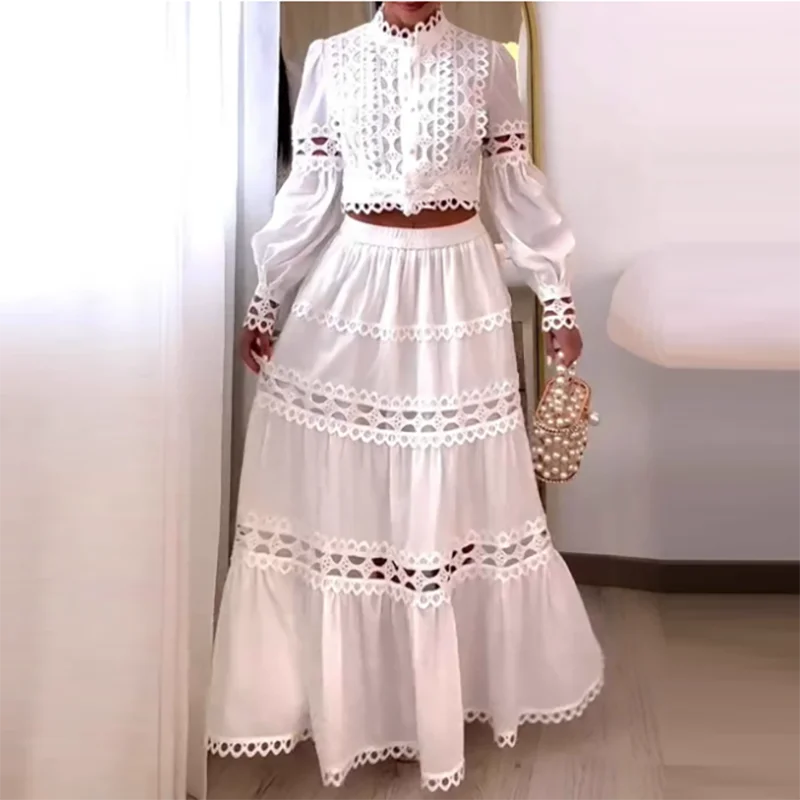 Traje de fiesta holgado con diseño de encaje para mujer, Top informal de manga larga con cuello redondo y falda larga, conjunto de 2 piezas, traje de vacaciones plisado calado Sexy