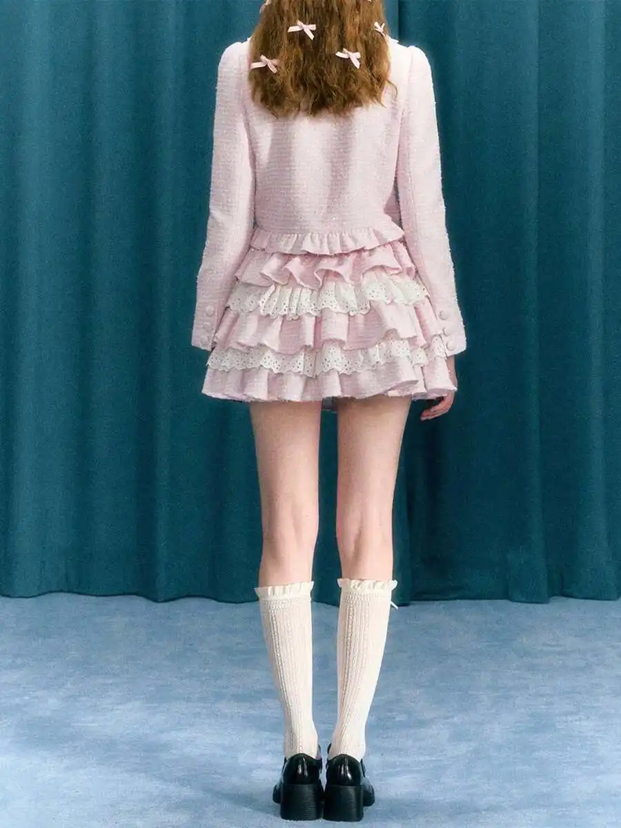

Womens High Waist Layered Ruffle Mini Skirt With Lace Patchwork A-Line