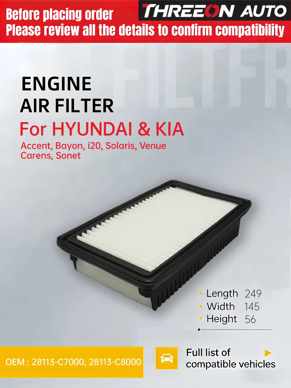 For HYUNDAI Accent 2017-2026, i20 Bayon 2014-2026, Solaris 17-22, Sonet Venue 19-25, Carens 22- Air Filter 28113C7000 28113C8000