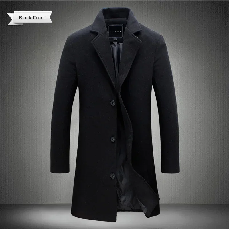 Autumn and Winter Long Cotton Coat 2024 New Wool Blended Solid Color Casual Coat Business Fashion Windproof Men\'s Coat Size5XL-M