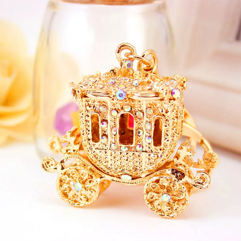 Fairy Tale Carriage Pumpkin Key Chains Rings AB Rhinestone Purse Bag Buckle Pendant For Car Keyrings KeyChains K297