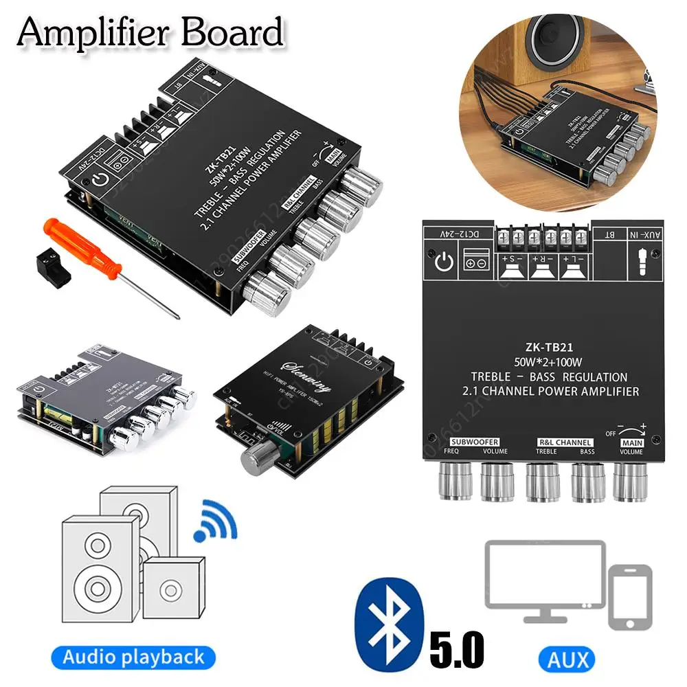 ZK-TB21 2x50W+100W Power Audio Stereo Amplifier Board Bass AMP AUX 2.1 Channel Bluetooth-compatible5.0 Subwoofer Speaker Module