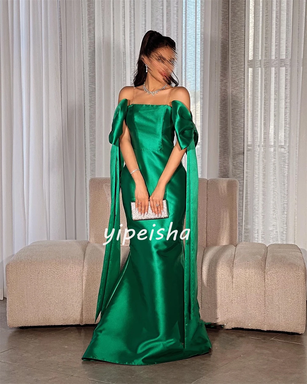 Satin Bow Ruched Homecoming Mermaid Strapless Bespoke Occasion Gown Long Dresses