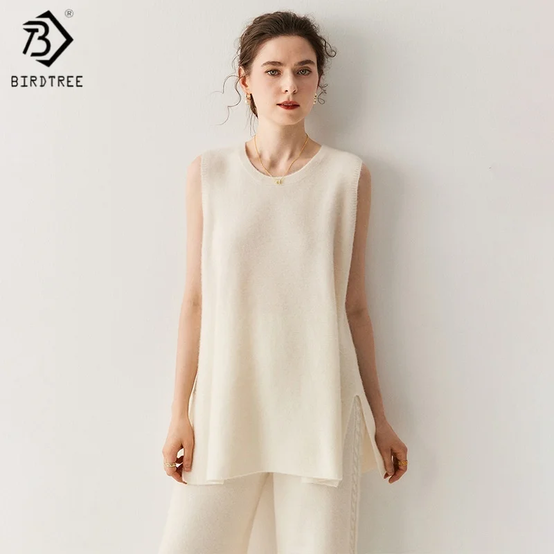 

Birdtree, 65% овечья шерсть, 35% кашемир, вязаный жилет, женский однотонный мягкий свитер без рукавов с круглым вырезом, осенне-зимний жилет T5O611JF