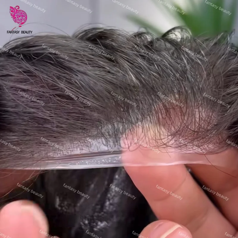 

Натуральный черно-серый мужской парик-накладка 0.02 мм из 100% натуральных волос на полном силиконовом основании (полиуретан), прочный, для мужчин