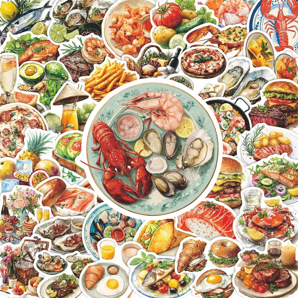 

10/30/50pcs Delicious Realistic Food Dishes Stickers Cartoon Beef Salmon Bread Sticker Fridge Phone Water Bottle Decals Packing