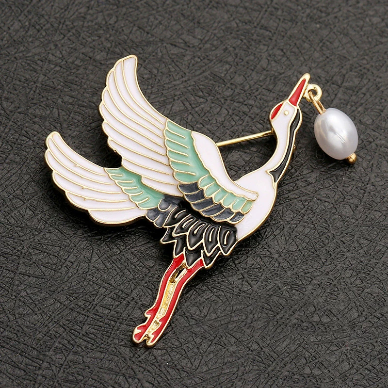 Chinese Design Red-crowned Crane Brooch Pins for Women Elegant White Enamel Oil Metal Animal Birds Brooches Party Jewelry Gifts
